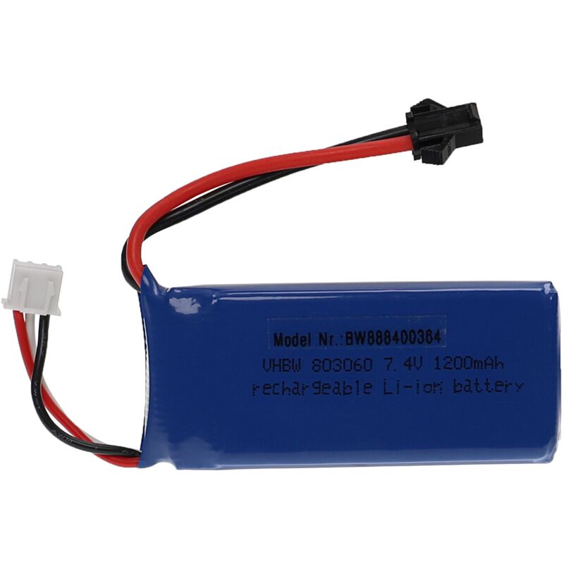 Battery compatible with SM-2P Plug for Model Making Device e.g. Racing Car, Helicopter (1200mAh, 7.4 v, Li-polymer, 70 x 30 x 18 mm) - Vhbw