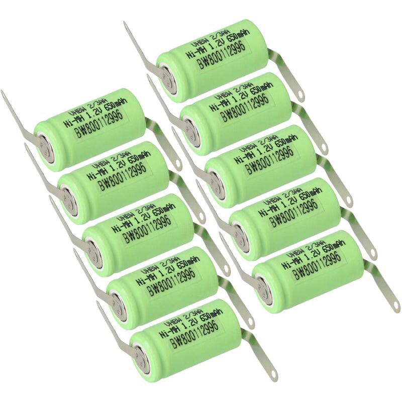 vhbw 10x Battery Replacement for 2/3AA for Model Making Device (650mAh, 1.2 V, NiMH, Green, with Soldering Lug (U-form))
